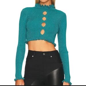 For Love And Lemons Teal Cut-Out Ruffle Crop Top